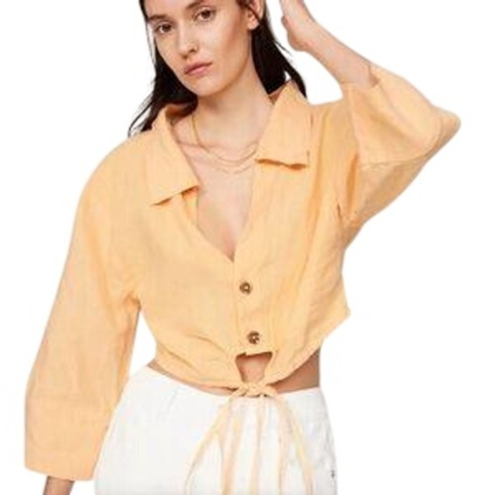 DL1961 Celeste Shirt Women XS Peach 100% Linen Crop Top Coastal Resort Wear NWT